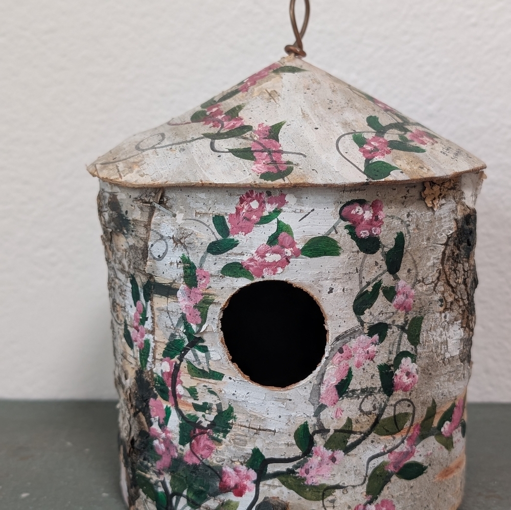Birch Tree Wrapped Bird House Handmade Hand painted Floral Flowers Garden Signed